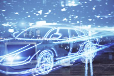 Otomobil hologramı çizimi olan masaüstü bilgisayar arkaplanı. Çoklu maruz kalma. Teknoloji kavramı.
