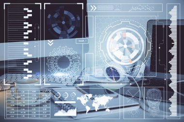 Teknoloji temalı çizim ve bilgisayarla çalışma alanı. Çoklu maruz kalma. Yenilik kavramı.