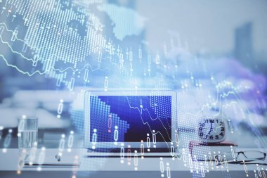 Bilgisayar geçmişi olan eski grafik hologramı. Çoklu maruz kalma. Finans piyasası kavramı.