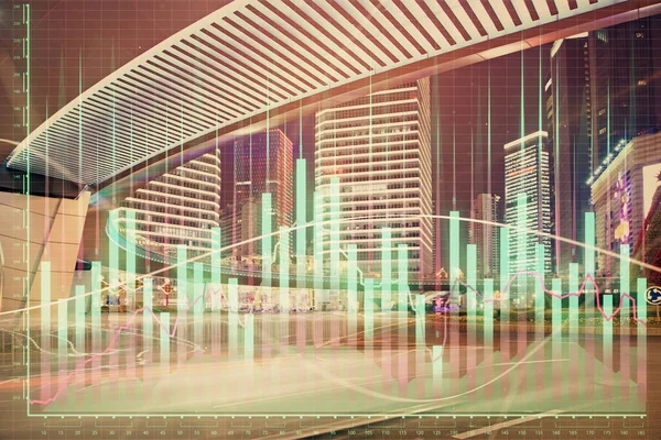 Forex chart on cityscape with tall buildings background multi exposure. Financial research concept.