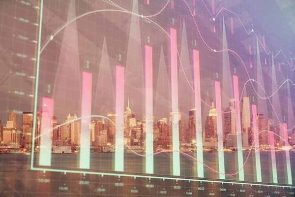 Financial graph on night city scape with tall buildings background double exposure. Analysis concept.