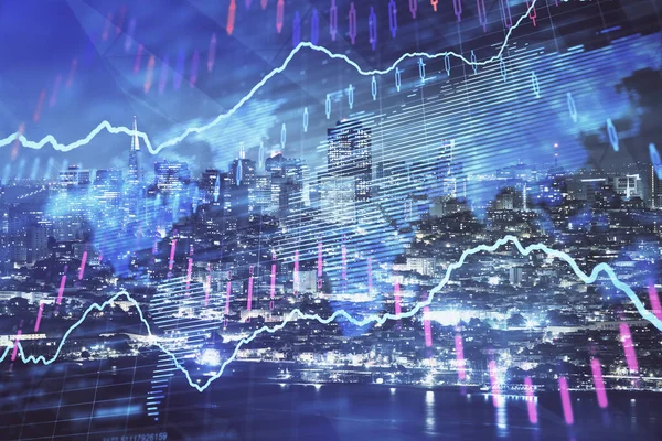 Finanzgrafik Über Nacht Stadtbild Mit Hohen Gebäuden Hintergrund Doppelbelichtung Analysekonzept — Stockfoto