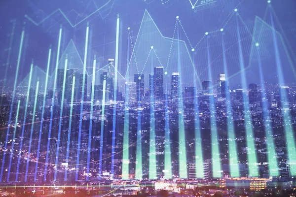 Financiële Grafiek Night City Scape Met Hoge Gebouwen Achtergrond Dubbele — Stockfoto