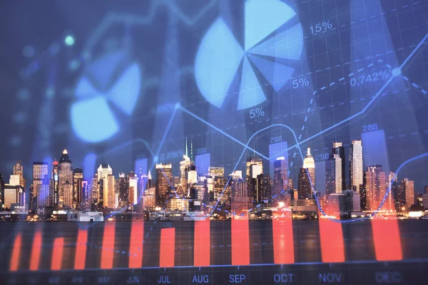 Financial graph on night city scape with tall buildings background double exposure. Analysis concept.