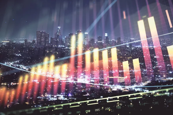 Financiële Grafiek Night City Scape Met Hoge Gebouwen Achtergrond Multi — Stockfoto