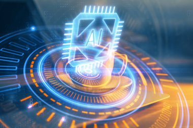 Masaüstü bilgisayarı ve teknoloji temalı holograma çift pozlama. Yazılım geliştirme kavramı.