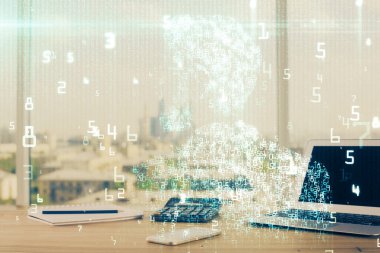 Masaüstü bilgisayarı ve teknoloji temalı holograma çift pozlama. Yazılım geliştirme kavramı.