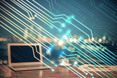 Bilgisayar ve teknoloji temalı çizimlere çifte maruz kalma. Yenilik kavramı.