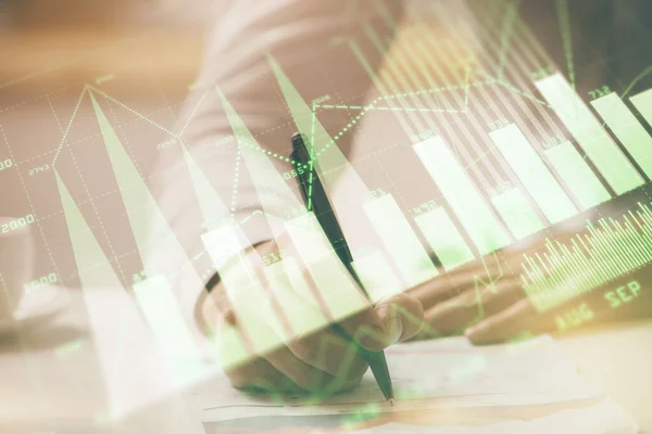 Financial Trading Chart Multi Exposure Man Desktop Background Concept Success — Stock Photo, Image