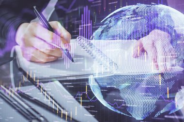 Forex grafik hologram el notları arka plan alarak. Analiz kavramı. Çoklu pozlama