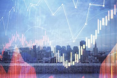 Gökdelenler arka planda çoklu pozlama ile şehir görünümünde eski grafik. Mali analiz kavramı.