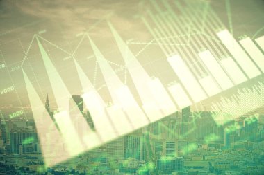 Gökdelenler arka planda çoklu pozlama ile şehir görünümünde eski grafik. Mali analiz kavramı.