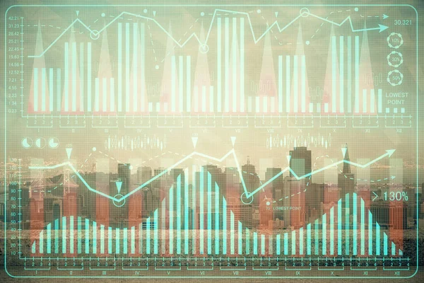 高層ビルの背景マルチ露出と都市ビューの外国為替グラフ 金融分析の考え方 — ストック写真