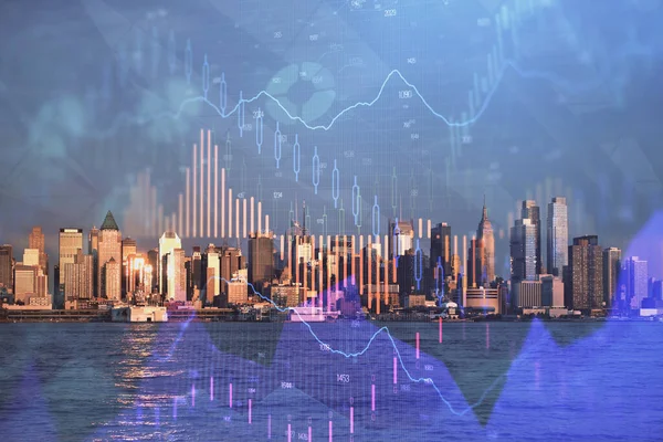 Forex Chart Cityscape Tall Buildings Background Multi Exposure Financial Research — Stock Photo, Image