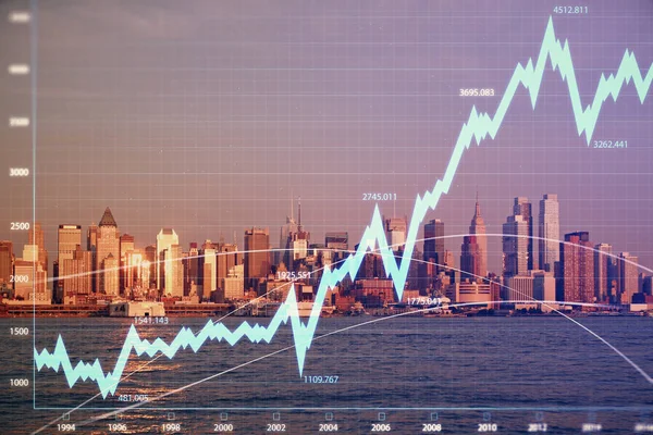 Forex chart on cityscape with tall buildings background multi exposure. Financial research concept.