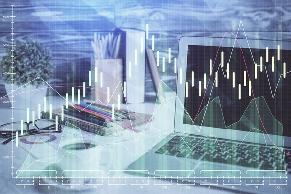 Multi exposure of graph and financial info and work space with computer background. Concept of international online trading.