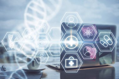 Masaüstü bilgisayar arkaplanı ve DNA çizimi. Çifte maruziyet. Bilim konsepti.