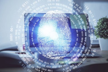 Ofisteki bilgisayarın parmak izi çizimi. Çifte maruziyet. İş veri güvenliği kavramı.