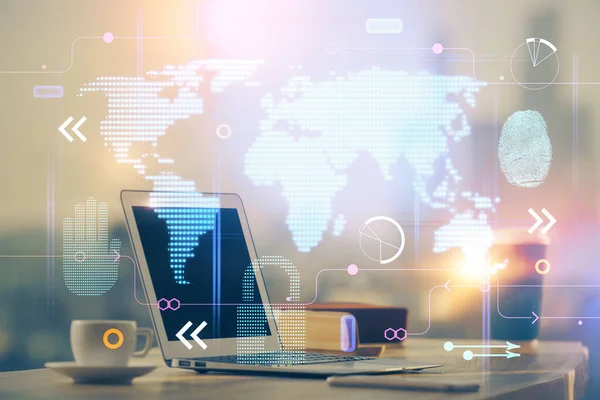 Multi exposure of table with computer and world map hologram. International data network concept.