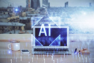 Teknoloji temalı çizim ve bilgisayarlı masa. Çifte maruziyet. Bilgi kavramı.