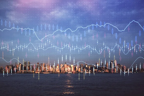 Gráfico de divisas en paisaje urbano con rascacielos fondo de pantalla doble exposición. Concepto de investigación financiera . —  Fotos de Stock