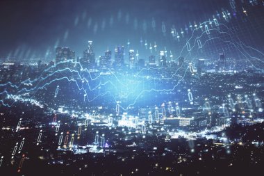 Yüksek binalar arka plan çok pozlama ile gece şehir scape mali grafik. Analiz kavramı.