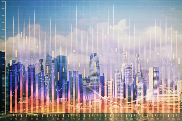 График Forex по городам с небоскребами обои мультиэкспозиция. Концепция финансовых исследований . — стоковое фото