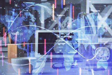 İş teması simgelerinin çoklu pozlandırılması ve bilgisayar geçmişi olan çalışma alanı. Başarı kavramı.