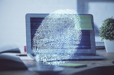 Ofisteki bilgisayarın parmak izi çizimi. Çifte maruziyet. İş veri güvenliği kavramı.