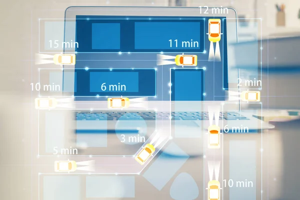 Bureaublad computer achtergrond in kantoor met auto hologram tekening. Meervoudige blootstelling. Technologisch concept. — Stockfoto