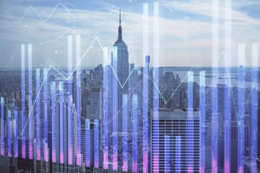 Gökdelenler arka planda çift pozlama ile şehir görünümünde eski grafik. Mali analiz kavramı.