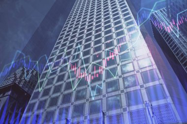 Yüksek binaların arka planında çoklu pozlama olan eski şehir haritası. Finansal araştırma kavramı.