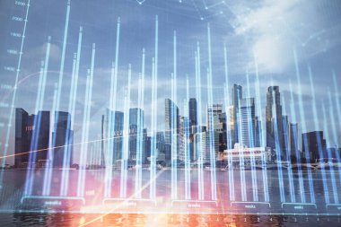 Yüksek binaların arka planında çoklu pozlama olan eski şehir haritası. Finansal araştırma kavramı.