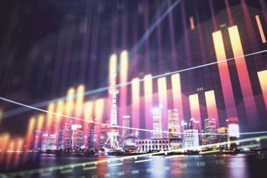 Yüksek binalar arka plan çok pozlama ile gece şehir scape mali grafik. Analiz kavramı.