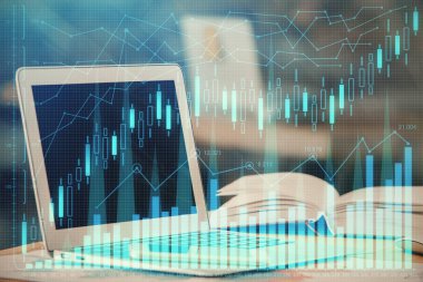 Bilgisayar geçmişi olan eski grafik hologramı. Çifte maruziyet. Finans piyasası kavramı.