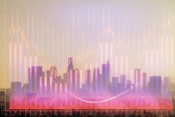 Forex διάγραμμα στο cityscape με ουρανοξύστες ταπετσαρία διπλή έκθεση. Έννοια της χρηματοοικονομικής έρευνας. — Φωτογραφία Αρχείου