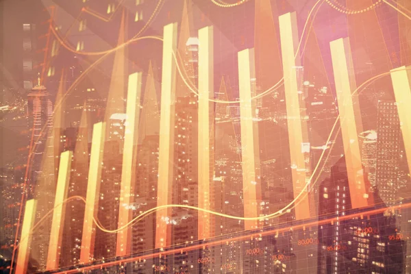 Doppelbelichtung von Forex-Diagrammzeichnungen über dem Hintergrund der Stadtlandschaft. Erfolgskonzept. — Stockfoto