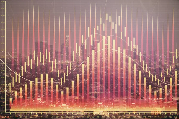Finanční graf na nočním městském prostředí s vysokými budovami na pozadí dvojité expozice. Koncepce analýzy. — Stock fotografie