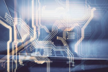 Bilgisayar, teknoloji temalı hologramla birlikte ofiste. Çoklu maruz kalma. Teknoloji kavramı.