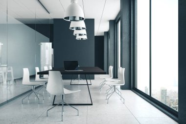 Panoramik şehir manzaralı, mobilya ve ekipmanları ile modern ofis iç. 3D render