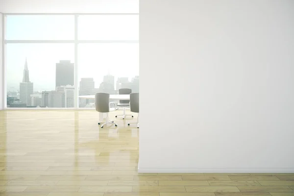 Interior Sala Reuniões Com Piso Madeira Parede Concreto Branco Vista — Fotografia de Stock