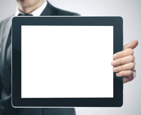 Zakenman Houdt Digitale Touchpad Met Leeg Scherm Technologie Communicatieconcept — Stockfoto