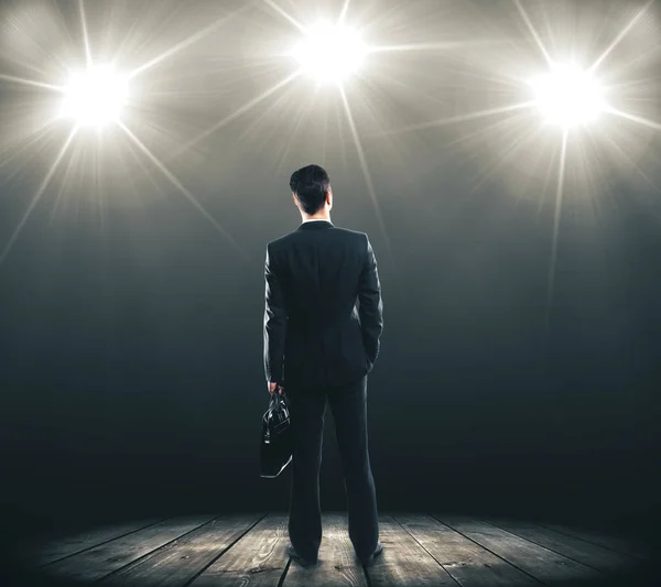 Businessman Briefcase Standing Gray Stage Spot Lights Presentation Art Concept — Stock Photo, Image