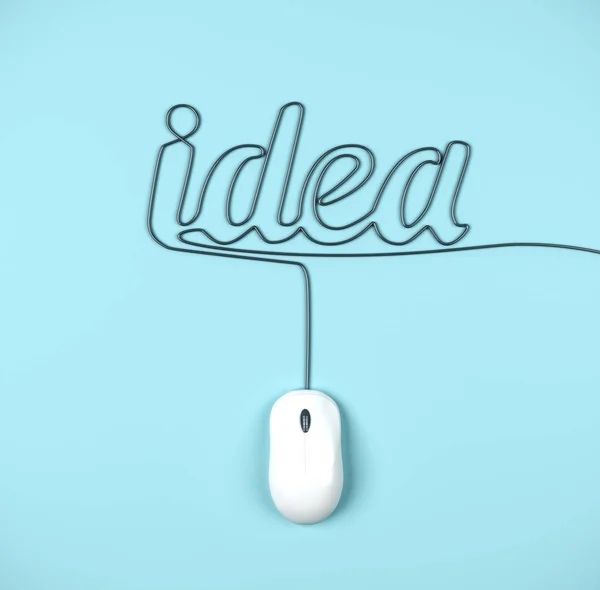 青い背景にアイデアの形でコンピュータマウスとケーブル ビジネスと技術の概念 3Dレンダリング — ストック写真