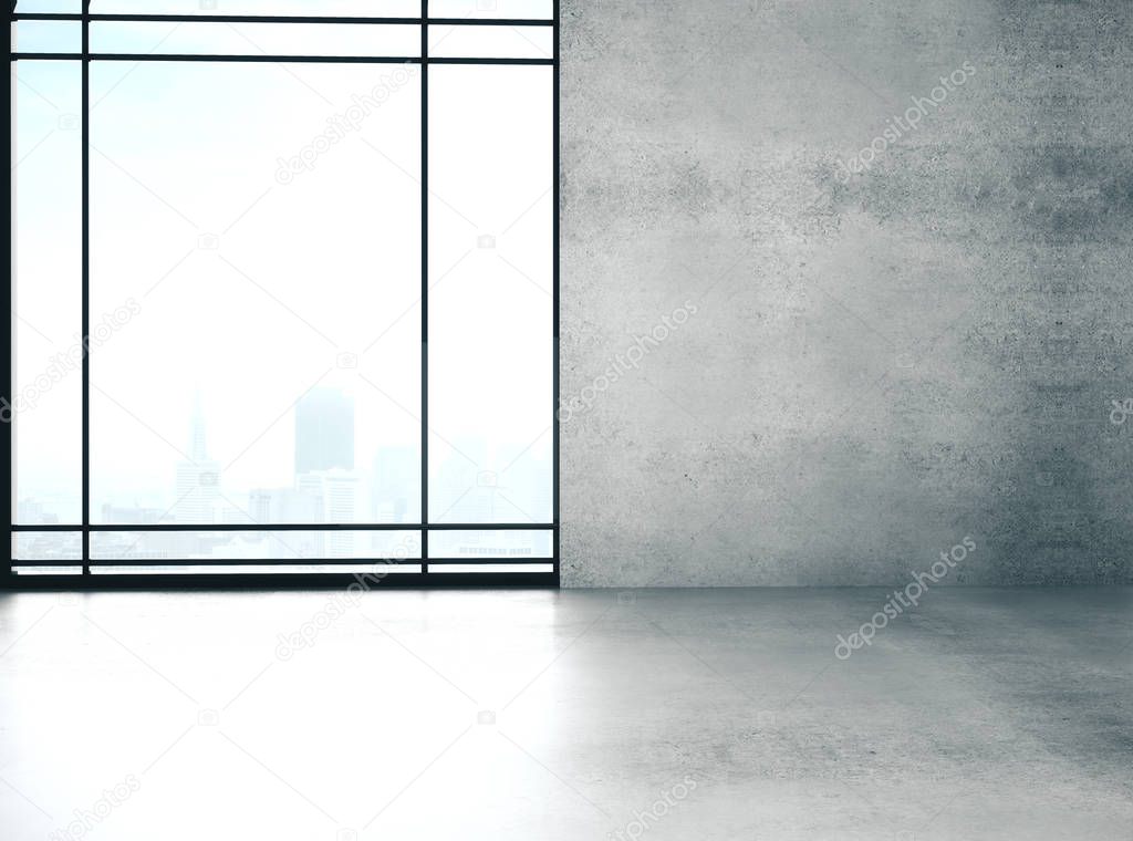 Gray room interior with copyspace on wall and big window. Mock up, 3D Rendering