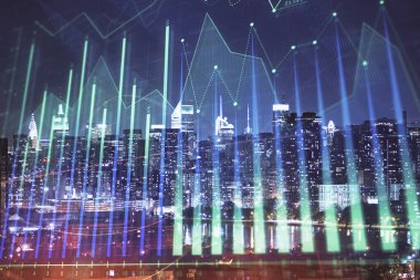 Cityscape arka plan üzerinde forex grafik çizimleri çift pozlama. Başarı kavramı.