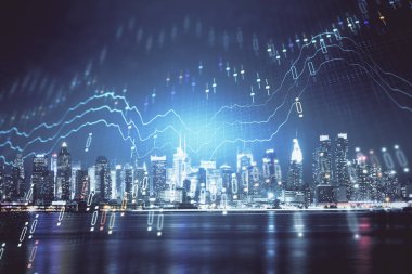 Yüksek binalar arka plan çok pozlama ile gece şehir scape mali grafik. Analiz kavramı.