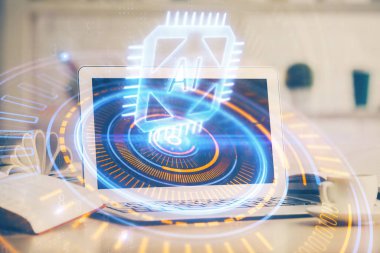 Masaüstü bilgisayarı ve teknoloji temalı holograma çift pozlama. Yazılım geliştirme kavramı.