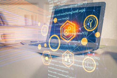 Bilgisayar ve teknoloji temalı çizimlere çifte maruz kalma. Yenilik kavramı.