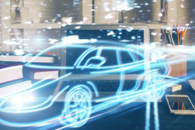 Otomobil hologramı çizimi olan masaüstü bilgisayar arkaplanı. Çoklu maruz kalma. Teknoloji kavramı.